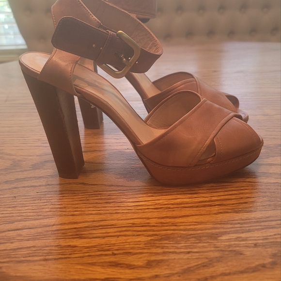 Stuart Weitzman Dark Tan Brown Genuine Leather Open Toe Platform Sandals Heels - Picture 2 of 14